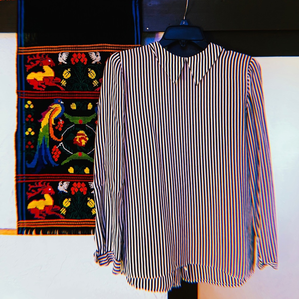 Armani Vintage Navy & White Pinstripe Silk Blouse